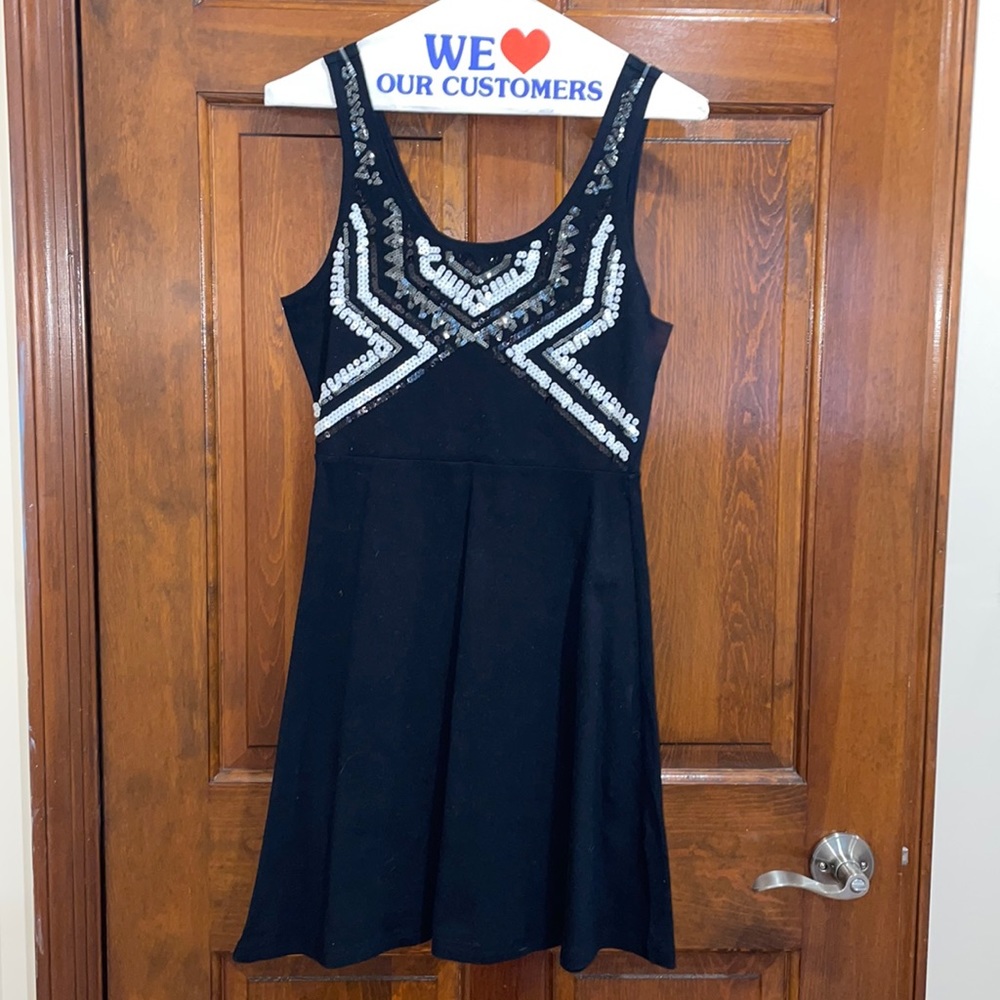 Black tank top dress with black, gun metal & white sequins